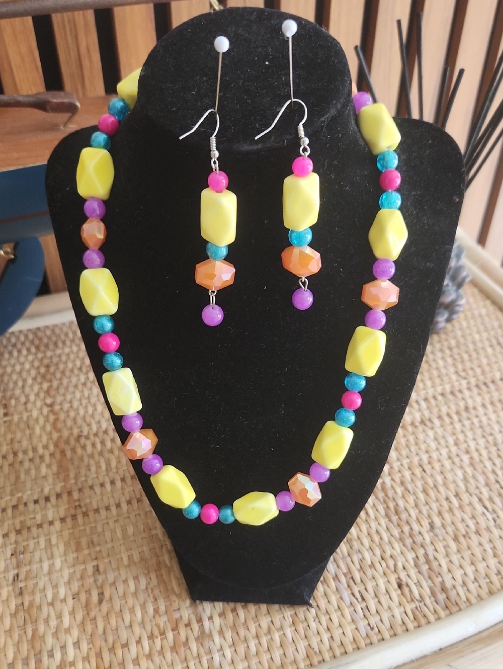 Yellow Multicolor Beaded Necklace and Earring Set - Vibrant Summer Jewelry